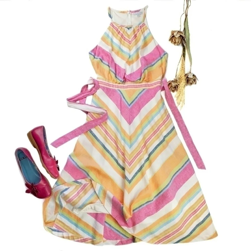 N Y & Co Pink White Orange Stripe Linen Dress XS - Picture 2 of 4